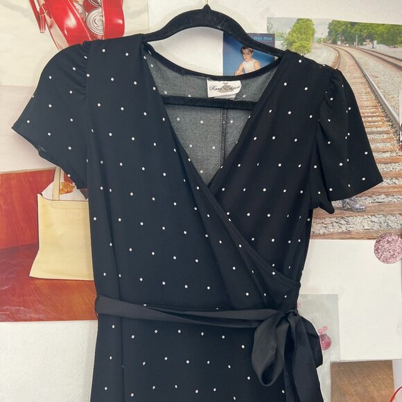 Vintage Black and White Polka Dot Mid Length Short Sleeve Wrap Swing Dress - Picture 2 of 6